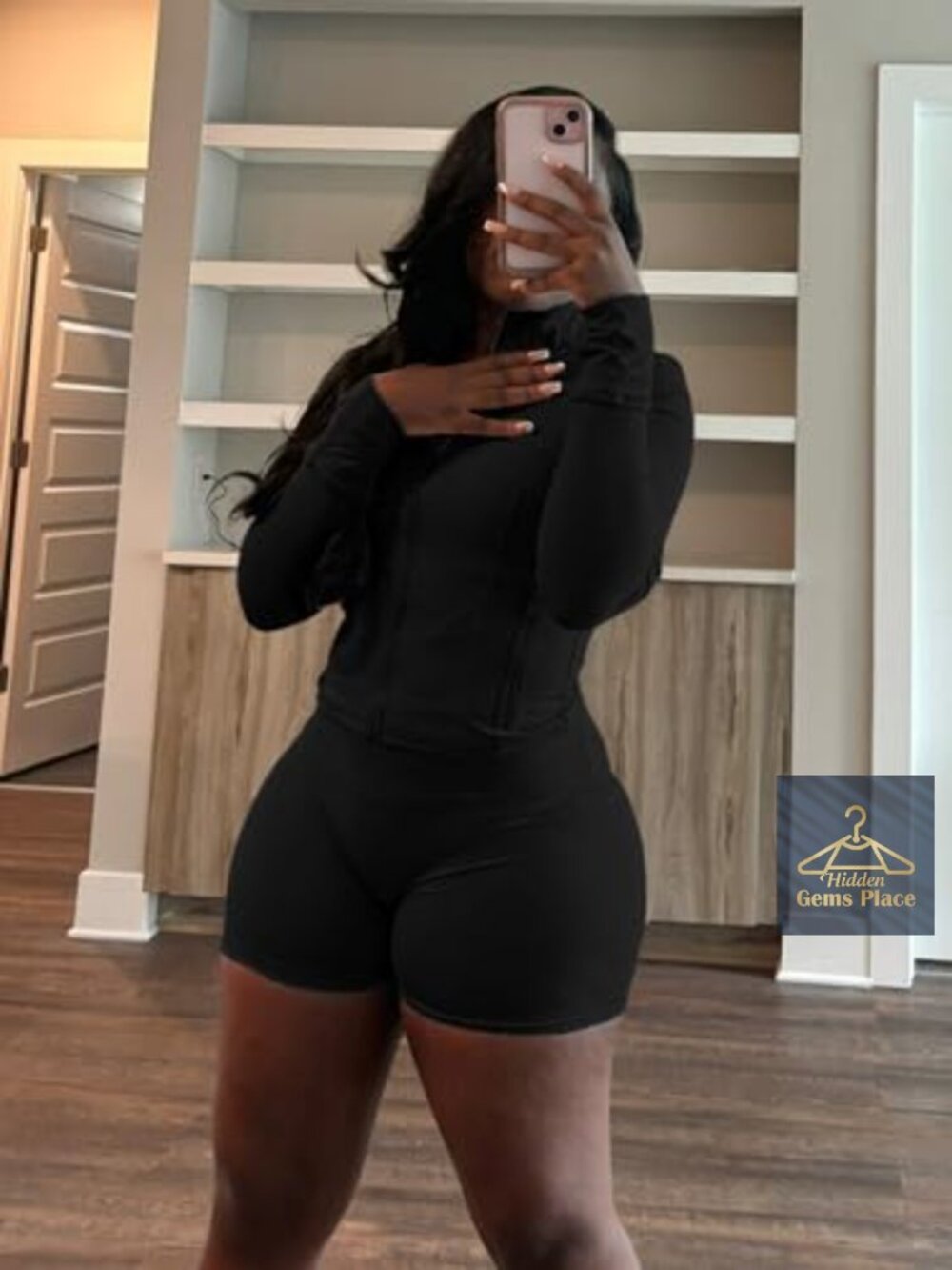 Two Piece Short Set Long Sleeve Zip Jacket Biker Shorts Sweatsuit - Picture 5 of 7